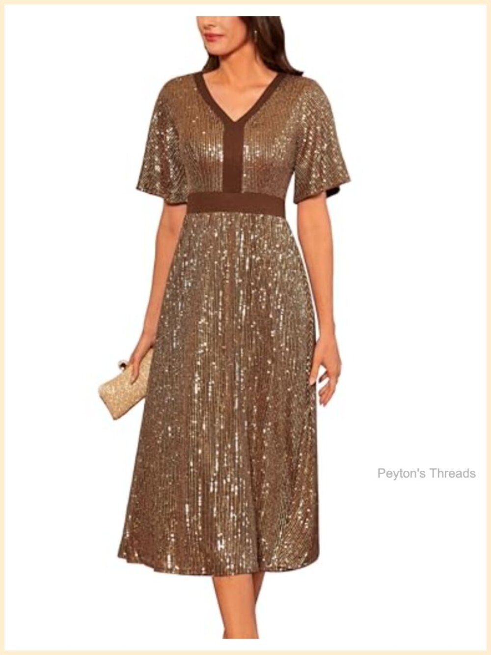 Sequin V Neck Ruffle Sleeve Empire Waist A Line Midi Dress
